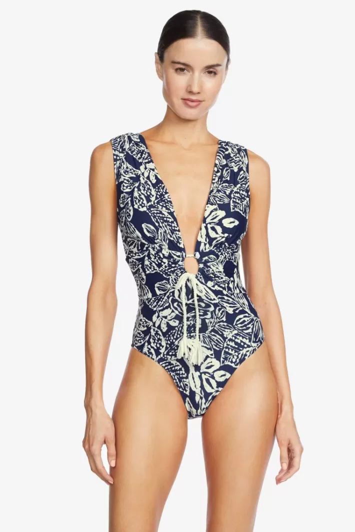 Best Sale Robin Piccone Indah Shirred One Piece Navy/Ecru